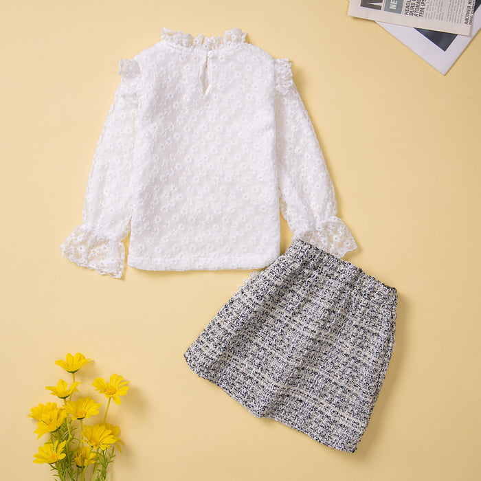 Girls Lace Top Houndstooth Skirt Set