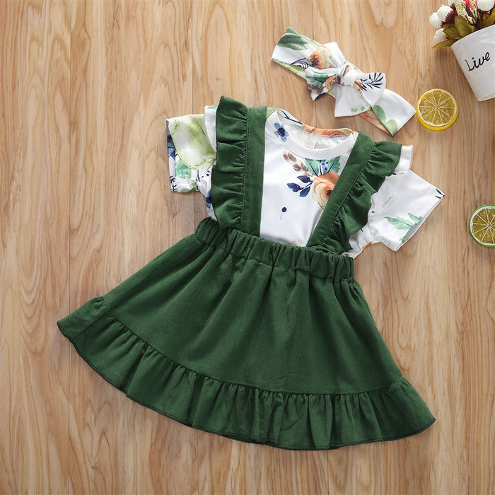 Three-piece Set Of Short-sleeved Flower Blouse, Suspender Skirt And Headband