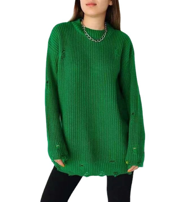 Solid Color Round Neck Long Sleeve Burrs Loose Knitted Pullover