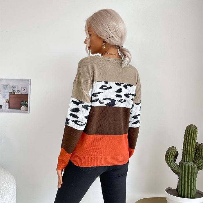 Autumn And Winter Leisure Top Leopard Print Color Matching Long Sleeve Pullover Sweater