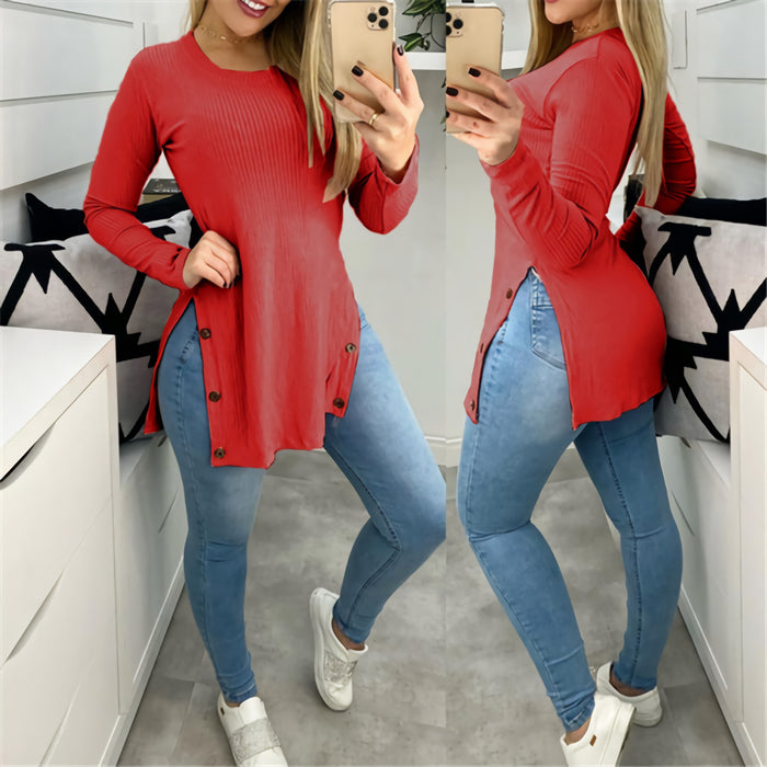 Women's Solid Color Round Neck Loose Sunken Stripe Slit Long-sleeved T-shirt