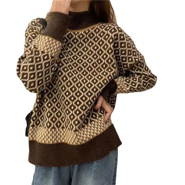 Outer Wear Base Rhombus Plaid Color Matching Sweater Tide