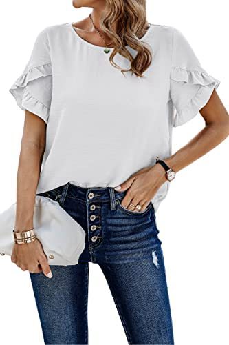 Casual Pleated Short Sleeves Summer Loose Shirt Solid Color Round Neck Shirt Waist Top