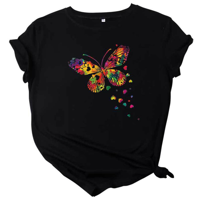 Women's Fashion Casual Heart Butterfly Printed Cotton Round Neck Short Sleeve