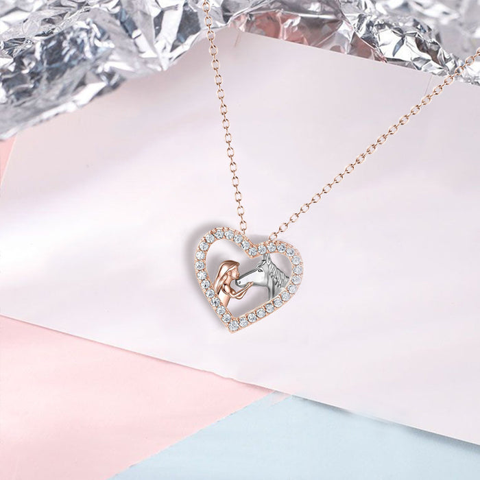 Fashion Heart-shaped Full Diamond Girl And Horse Necklace Fashion Color Separation Pendant