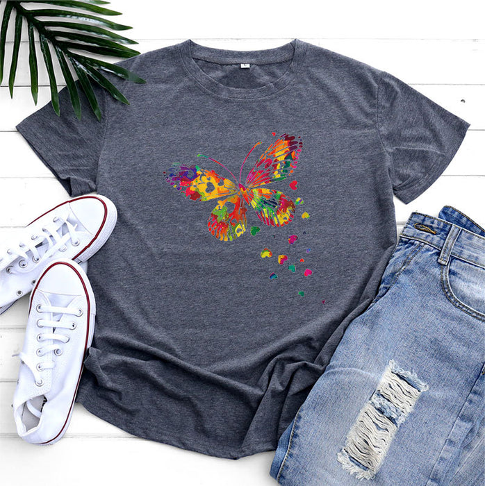 Women's Fashion Casual Heart Butterfly Printed Cotton Round Neck Short Sleeve