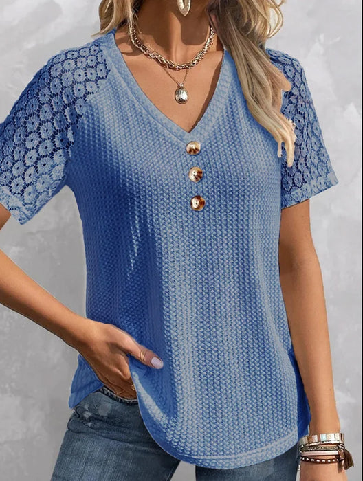 Waffle Casual Solid Color And V-neck Button Women's Pullover Lace