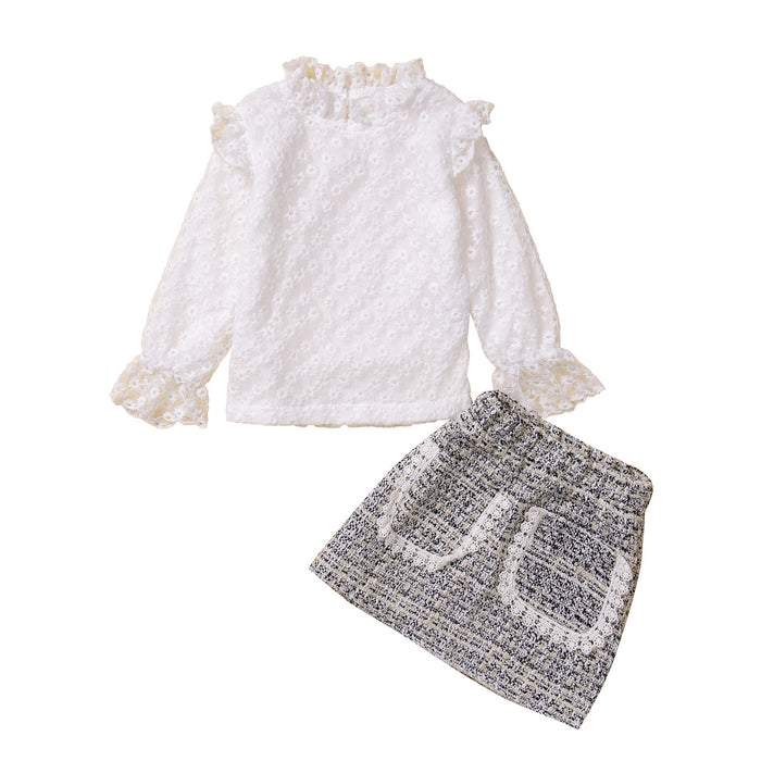 Girls Lace Top Houndstooth Skirt Set