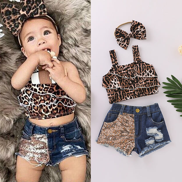 Kids Girls Top Shorts 3Pcs Suit Leopard Short Sleeve