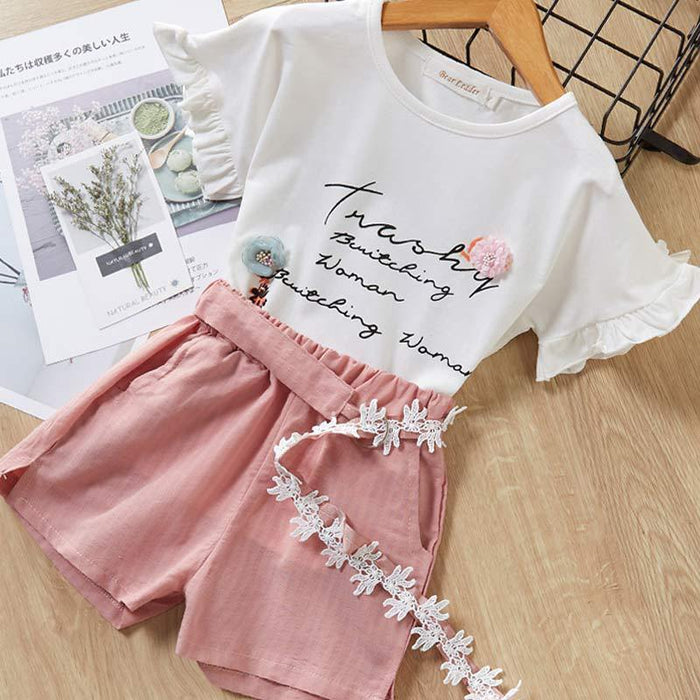 Girls fashionable short sleeve + shorts two-piece suit