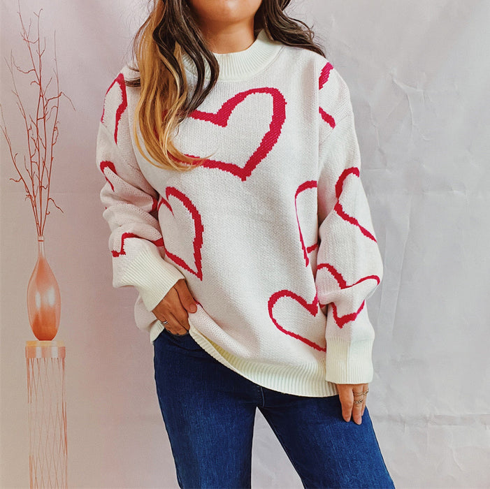 Love Pattern Sweater Round Neck Long Sleeve