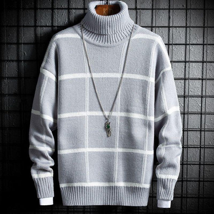 Korean Winter New Boys Sweater Fashion High Neck Bottoming Shirt Loose Casual Plaid Warm Sweater