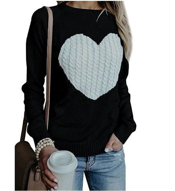 Autumn Winter Women Sweaters Heart Pattern Printed Long Sleeve Tops O-Neck Lovely Pullovers Knitted Loose Sweaters Tops