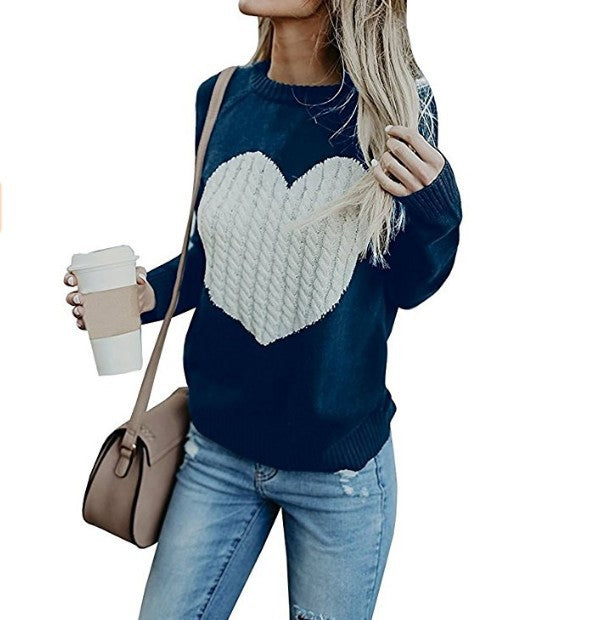 Herbst Winter Frauen Pullover Herz Muster Gedruckt Langarm Tops Oansatz Schöne Pullover Gestrickte Lose Pullover Tops