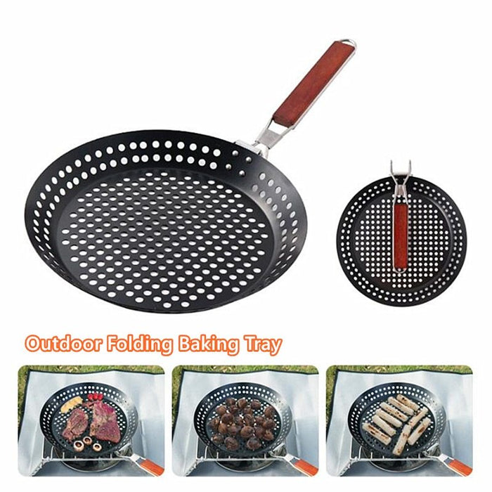 Outdoor Camping Foldable Round Frying Pan Picnic BBQ Heat Resistant Steak Grilled Skillet