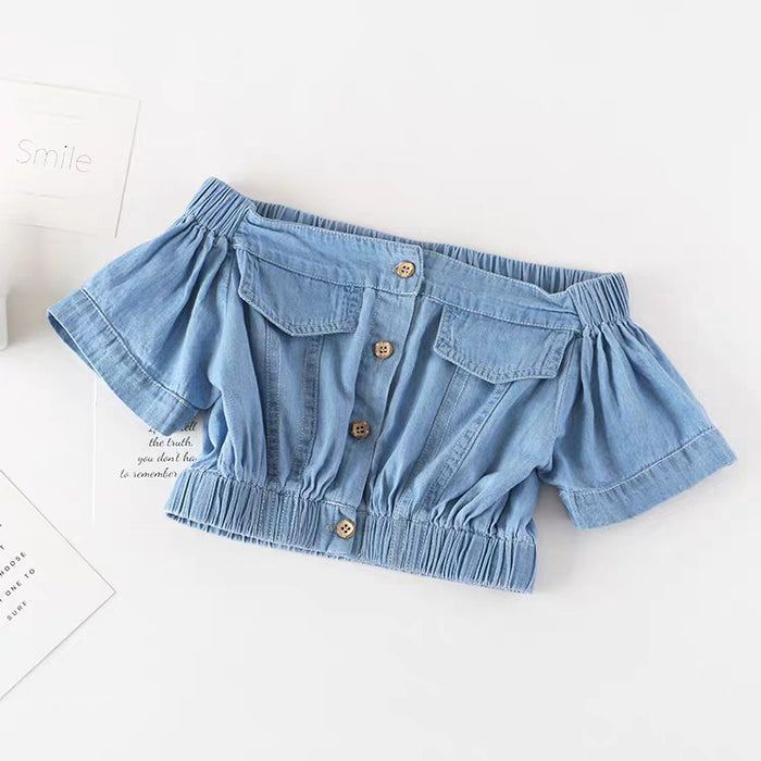 Girls Korean Version Denim Two-piece High-waisted Short-sleeved Top