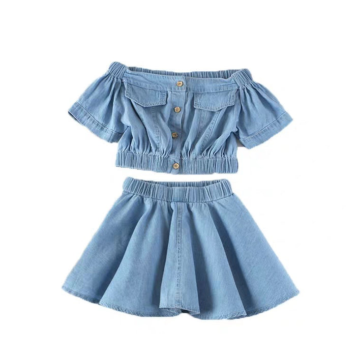 Girls Korean Version Denim Two-piece High-waisted Short-sleeved Top