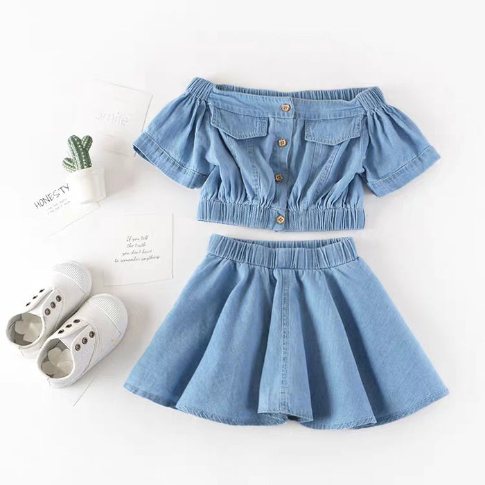 Girls Korean Version Denim Two-piece High-waisted Short-sleeved Top