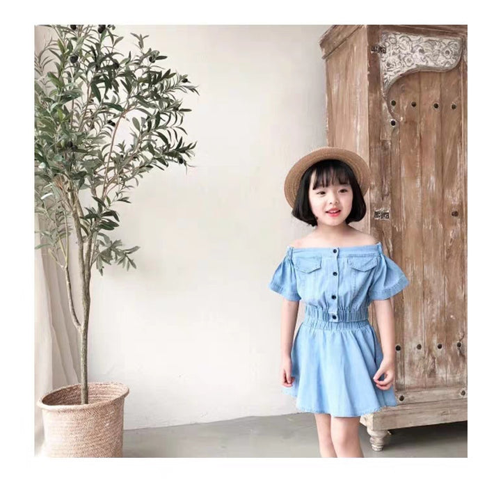 Girls Korean Version Denim Two-piece High-waisted Short-sleeved Top