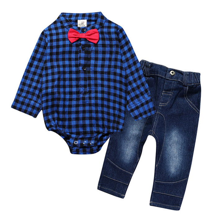 Boy Gentleman Plaid Suit Baby One-Piece Suit Bag Fart Clothes Jeans Kids Suit