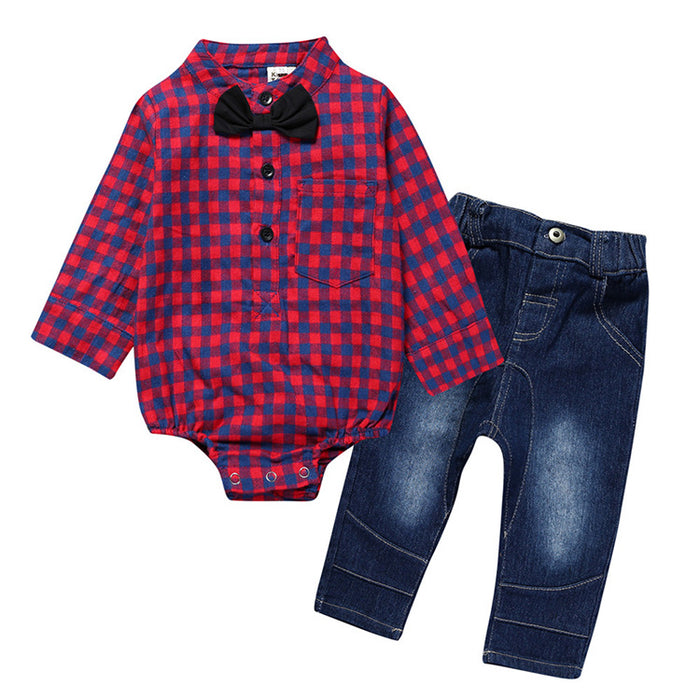 Boy Gentleman Plaid Suit Baby One-Piece Suit Bag Fart Clothes Jeans Kids Suit