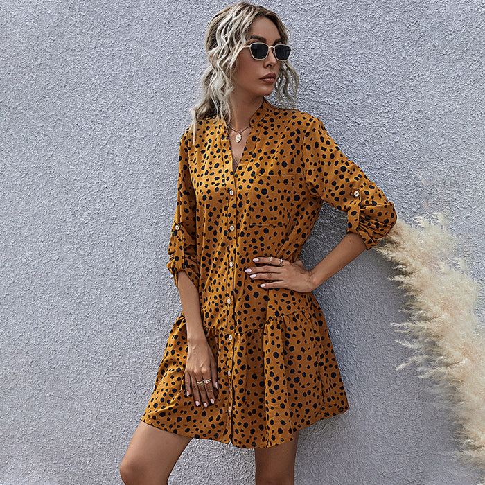 A-line Skirt Temperament Ruffled Print Long-sleeved Dress