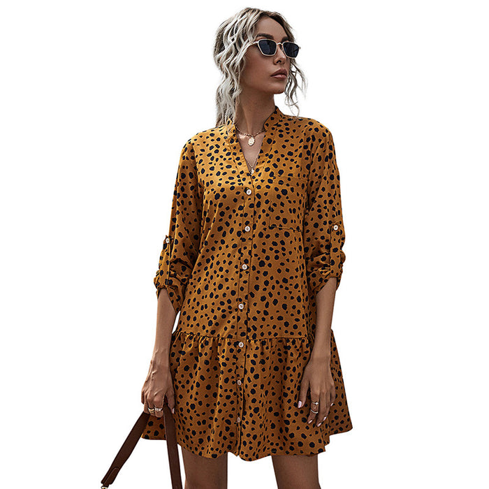 A-line Skirt Temperament Ruffled Print Long-sleeved Dress