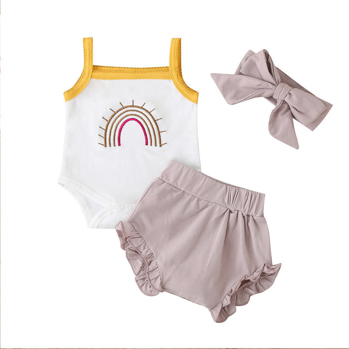 Fashion Three-Piece Baby Girl Sling Romper Plaid Shorts