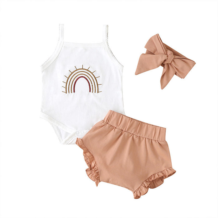 Fashion Three-Piece Baby Girl Sling Romper Plaid Shorts