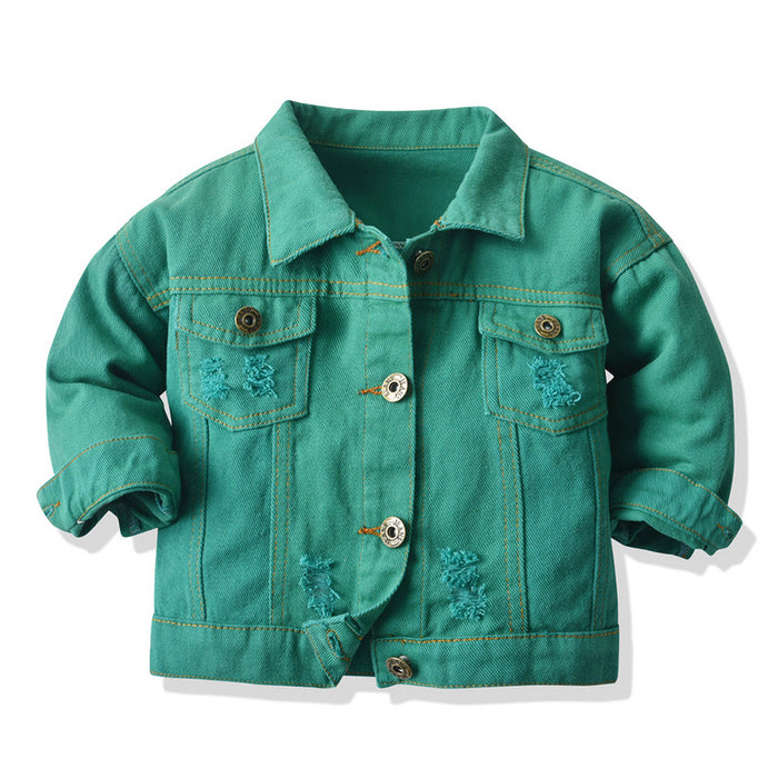 Children's Multicolor Tie-Dyed Denim Jacket With Lapels And Long Sleeves