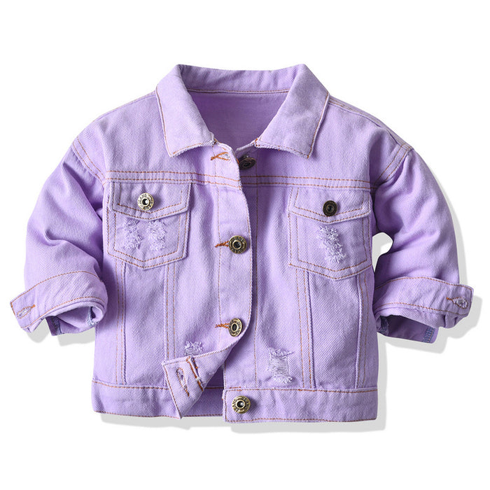 Children's Multicolor Tie-Dyed Denim Jacket With Lapels And Long Sleeves