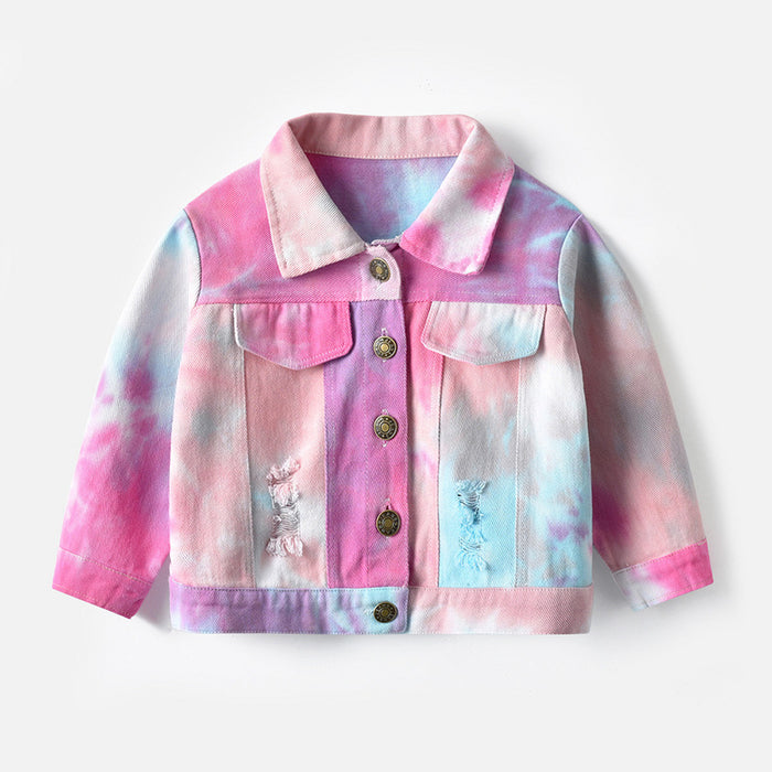 Children's Multicolor Tie-Dyed Denim Jacket With Lapels And Long Sleeves