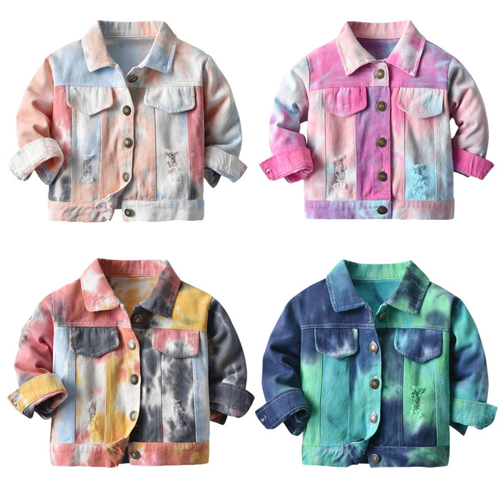 Children's Multicolor Tie-Dyed Denim Jacket With Lapels And Long Sleeves