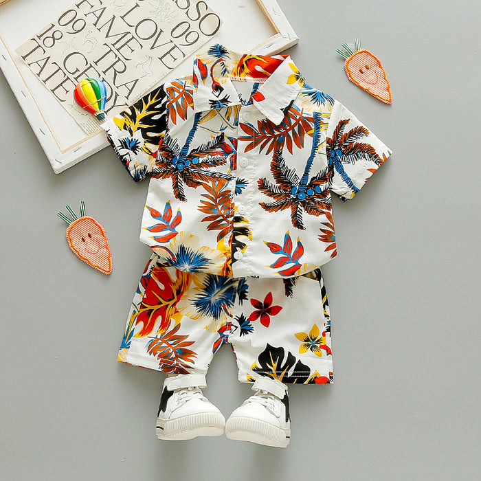 New children's Holiday Style short-sleeved Floral Shirt Suit Cardigan Beach Shorts Two-Piece Suit