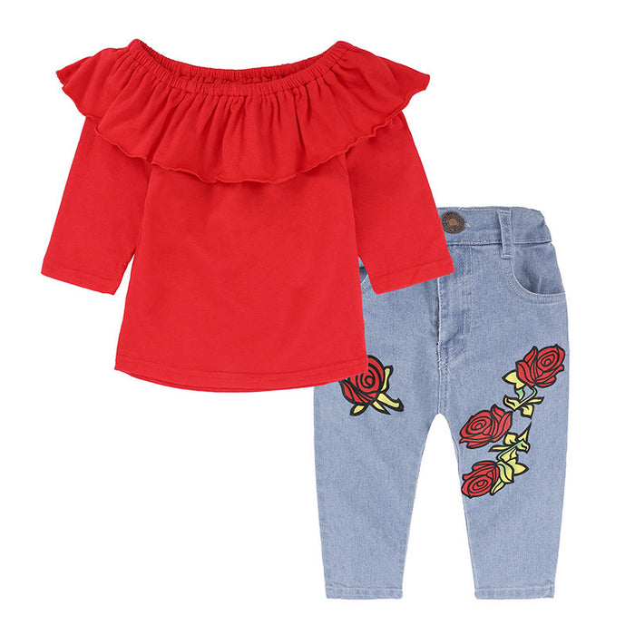 Children's Suit Girls' Top One Shoulder Rose Jeans