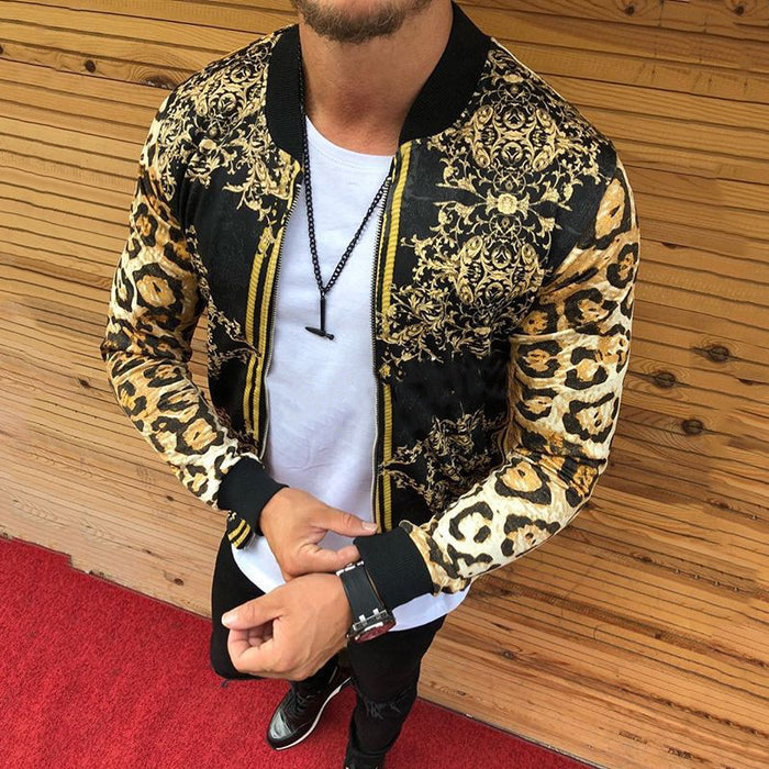 Men New Print Slim-Fitting Leopard Print Crew-Neck Casual Jacket Coat Male Cross-Border European And American Men's Autumn