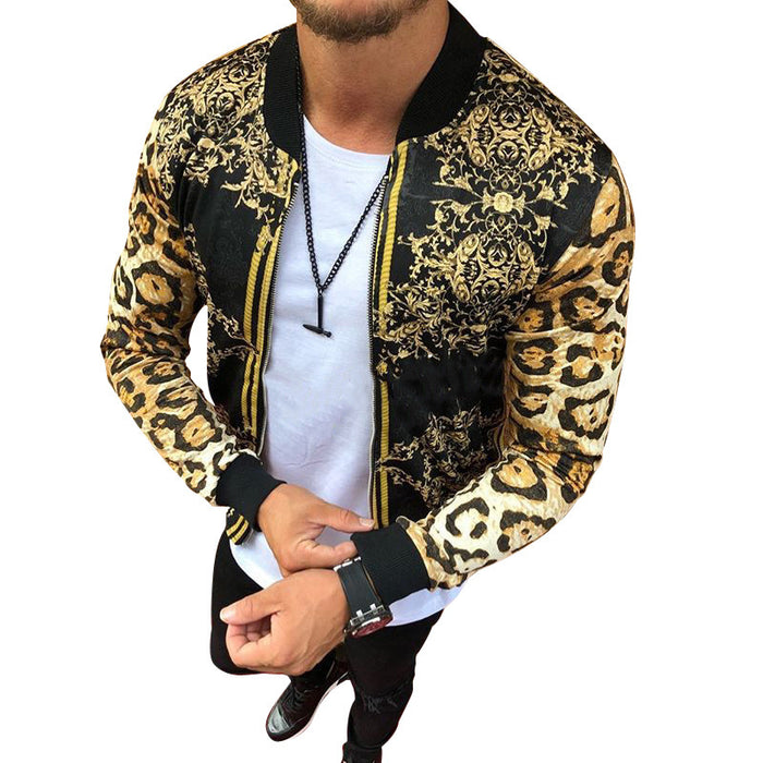 Men New Print Slim-Fitting Leopard Print Crew-Neck Casual Jacket Coat Male Cross-Border European And American Men's Autumn