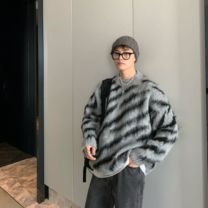 Zebra Pattern Sweater Men Fall Winter Mohair Long-Sleeved Round Neck Sweater Student Knit Sweater Men