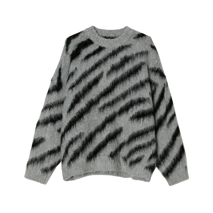 Zebra Pattern Sweater Men Fall Winter Mohair Long-Sleeved Round Neck Sweater Student Knit Sweater Men