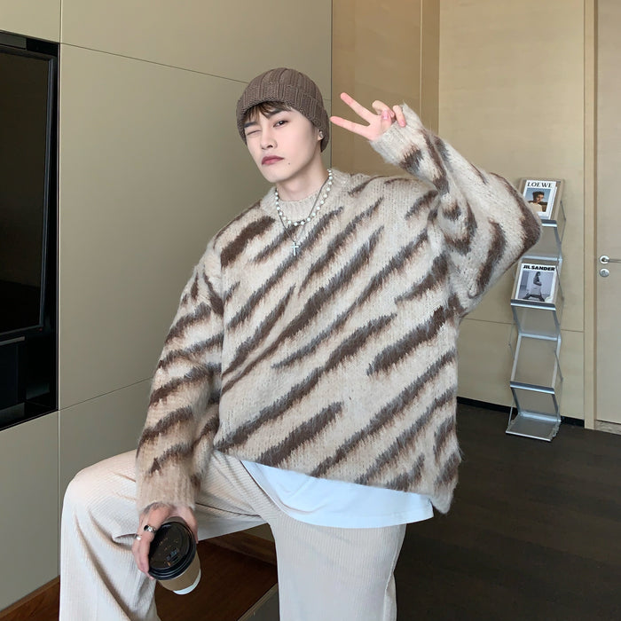 Zebra Pattern Sweater Men Fall Winter Mohair Long-Sleeved Round Neck Sweater Student Knit Sweater Men