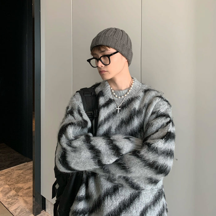 Zebra Pattern Sweater Men Fall Winter Mohair Long-Sleeved Round Neck Sweater Student Knit Sweater Men