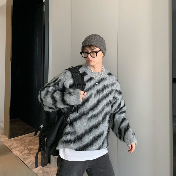 Zebra Pattern Sweater Men Fall Winter Mohair Long-Sleeved Round Neck Sweater Student Knit Sweater Men