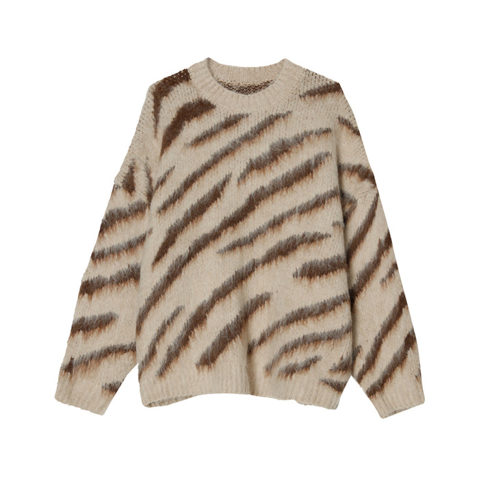 Zebra Pattern Sweater Men Fall Winter Mohair Long-Sleeved Round Neck Sweater Student Knit Sweater Men