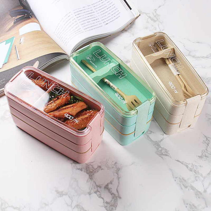 Square Double Three-layer Wheat Straw Fiber Plastic Lunch Box