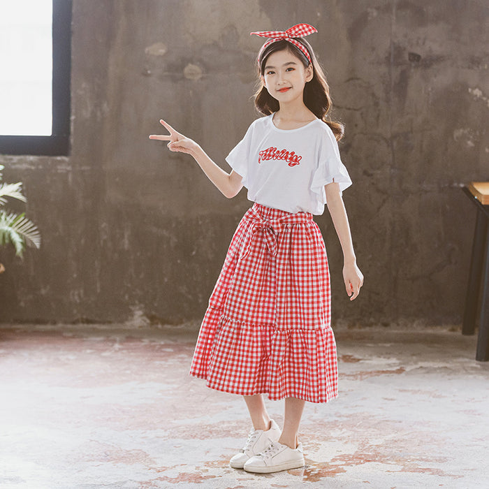 Korean Style Big Kids Skirt Suit Lotus Leaf Sleeve Top