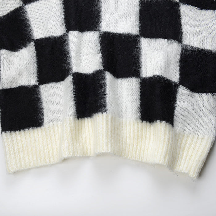 Black and white check plush loose top Korean chic pullover sweater