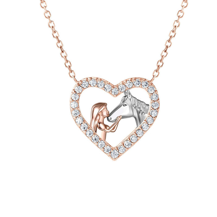 Fashion Heart-shaped Full Diamond Girl And Horse Necklace Fashion Color Separation Pendant