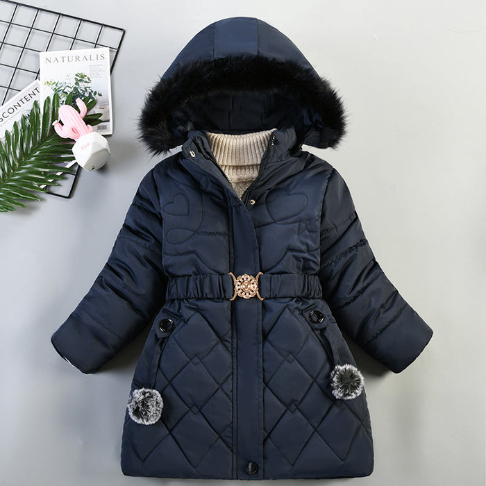 Children's Heart-shaped Rhombus Pattern Cotton-padded Coat Fur Collar Hat Coat