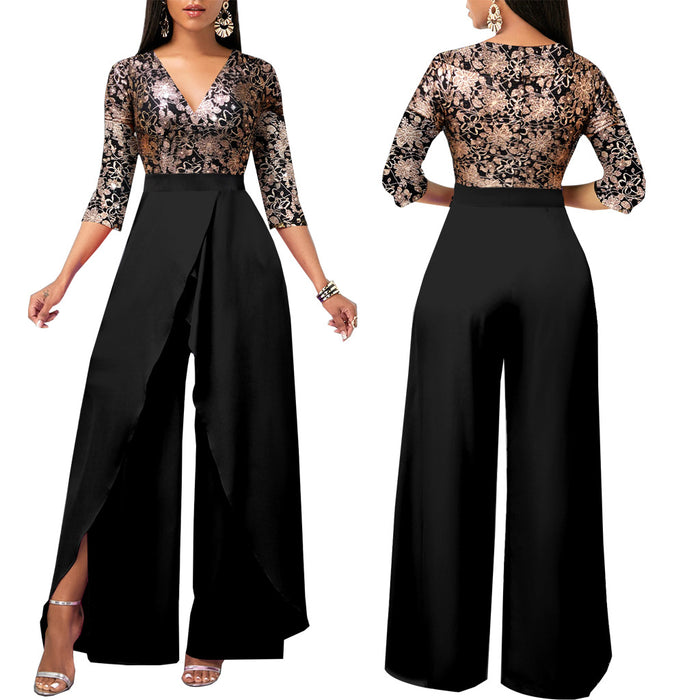 European And American Fashion Solid Color And V-neck Women's Jumpsuit