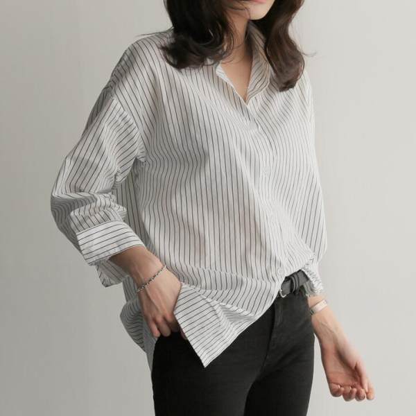 Women's Casual Bottoming Plus Size Loose Striped Shirt